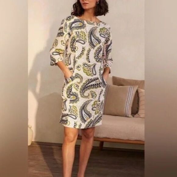 BODEN Laurie 100% Linen Paisley Print Shift Dress 3/4 Sleeve Pockets Preppy 2R - Picture 6 of 10